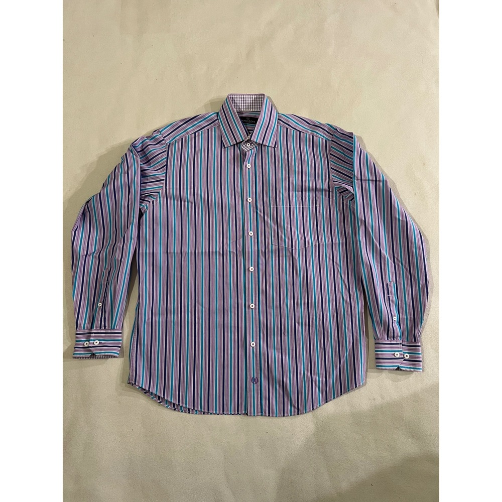 Bugatchi Uomo Mens Long Sleeve Striped Dress Shirt L Purple Teal Black White
